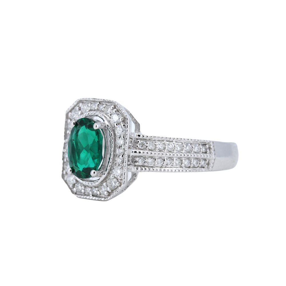 Oval Emerald with Diamond Ring in 14kt White Gold