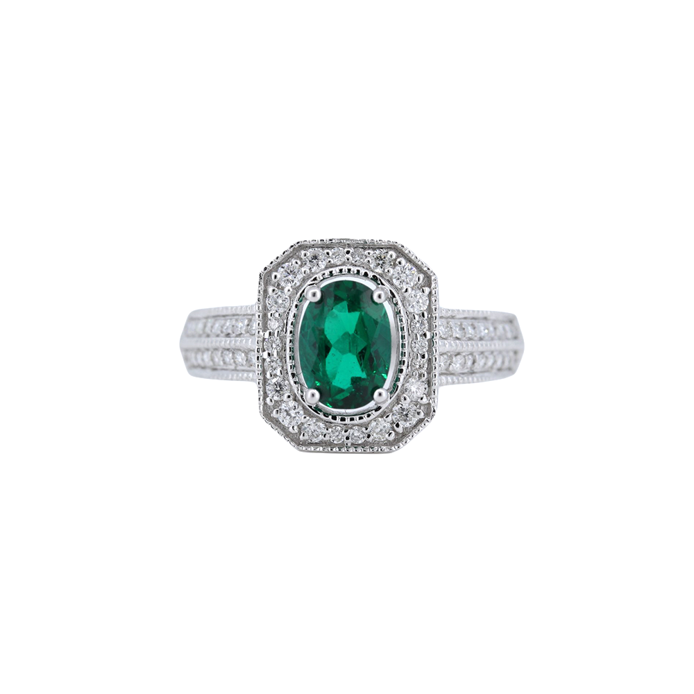 Oval Emerald with Diamond Ring in 14kt White Gold