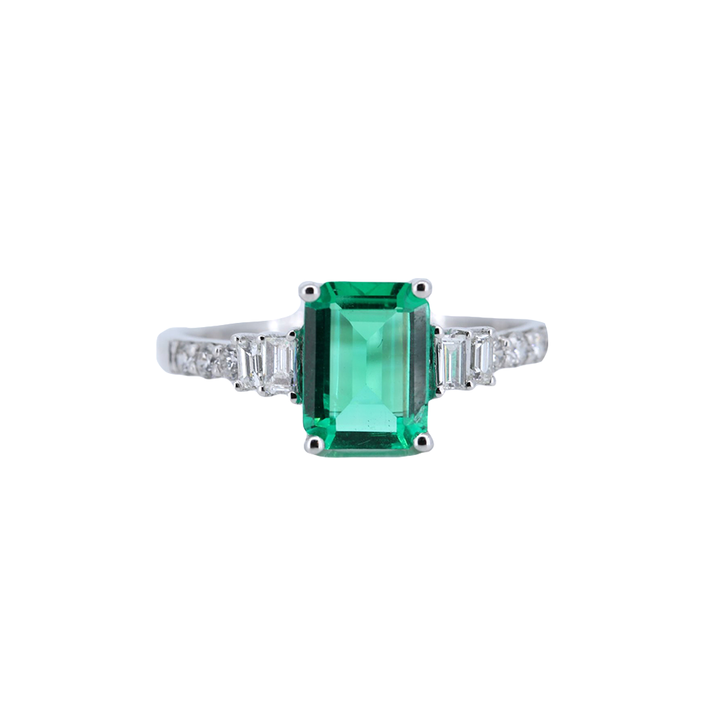 1.10 Carat Cushion Cut Emerald Ring with diamonds in 14kt White Gold