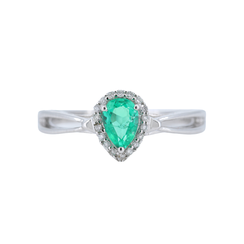 Pear Shaped Emerald and Diamonds Halo Ring in 14kt White Gold