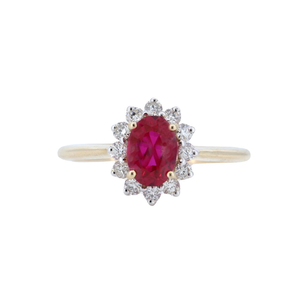 Oval Ruby and Diamond Halo 14kt Yellow Gold Ring