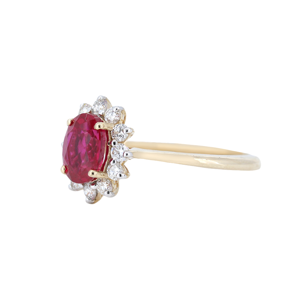 Oval Ruby and Diamond Halo 14kt Yellow Gold Ring