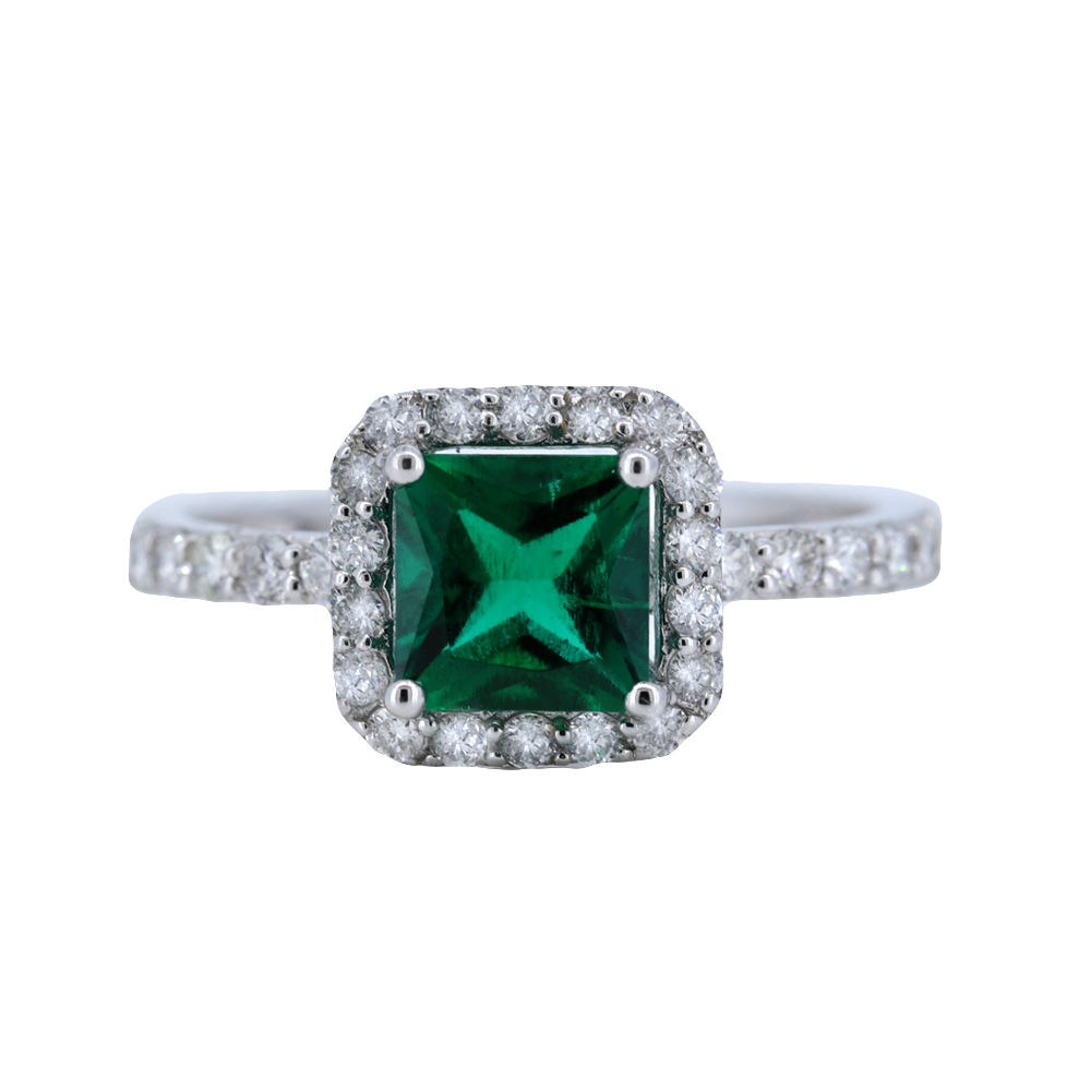 Emerald and Diamonds Halo Ring in 14kt White Gold