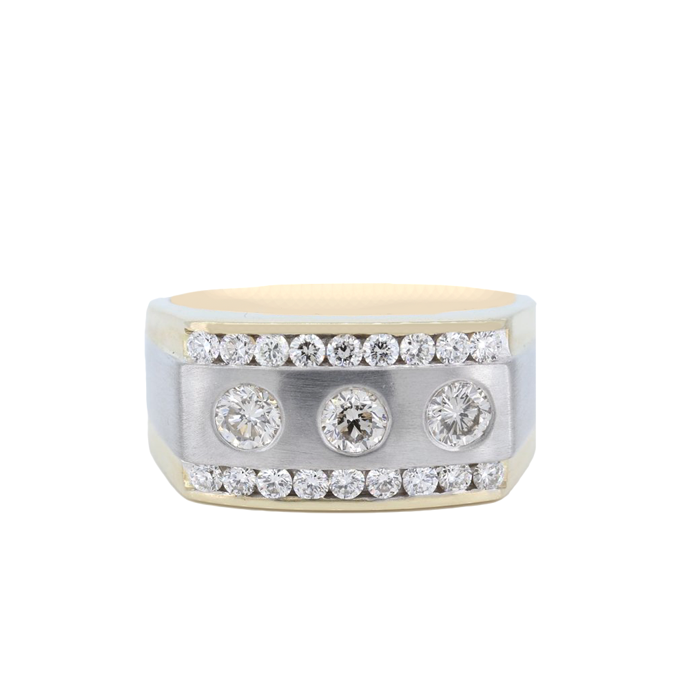 14K Two-Tone Mens Three Stone Round Diamond Ring With Two Rows Of Channel Set Round Diamonds Weighing 1.39Ct.