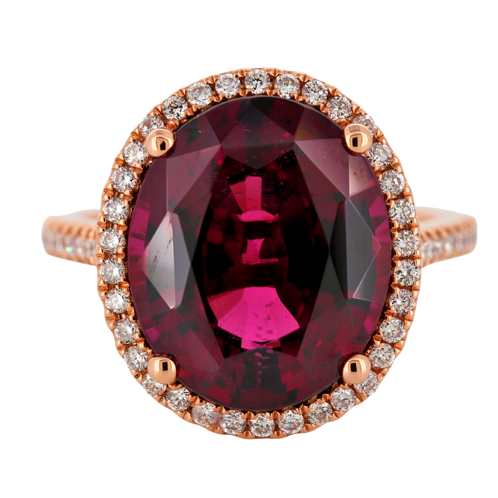 14k Rose Gold Ring with 11.06ct Rhodolite Garnet and .38ct diamonds