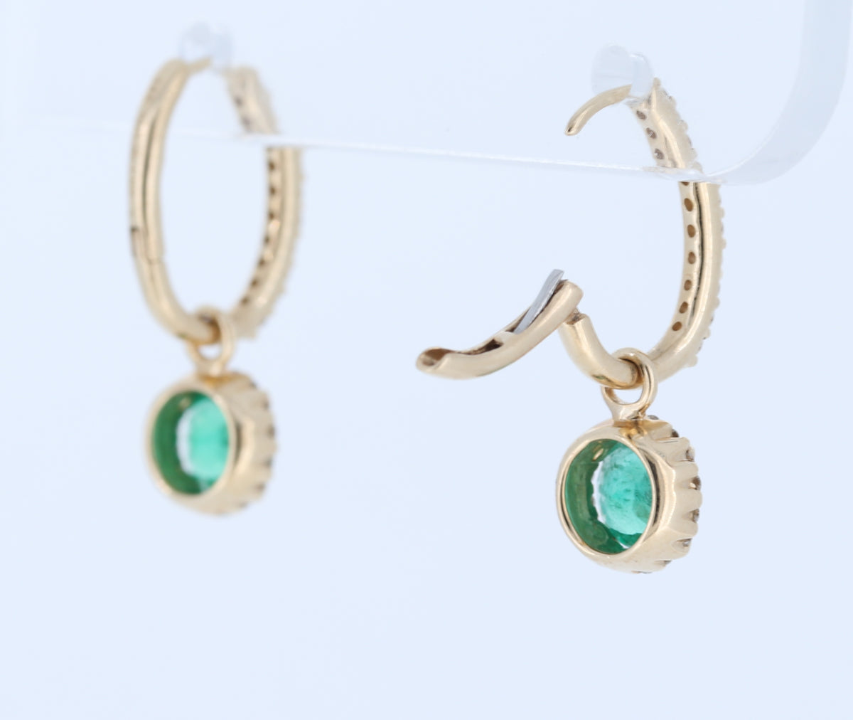 Emerald And Diamond Halo Drop Earrings With Detachable Backs In 14Kt Yellow Gold