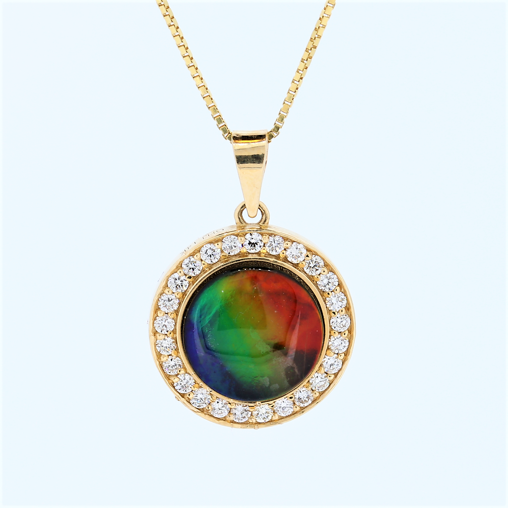 14kt Yellow Gold Round Bezel Ammolite With Diamond Halo D0.50Ct