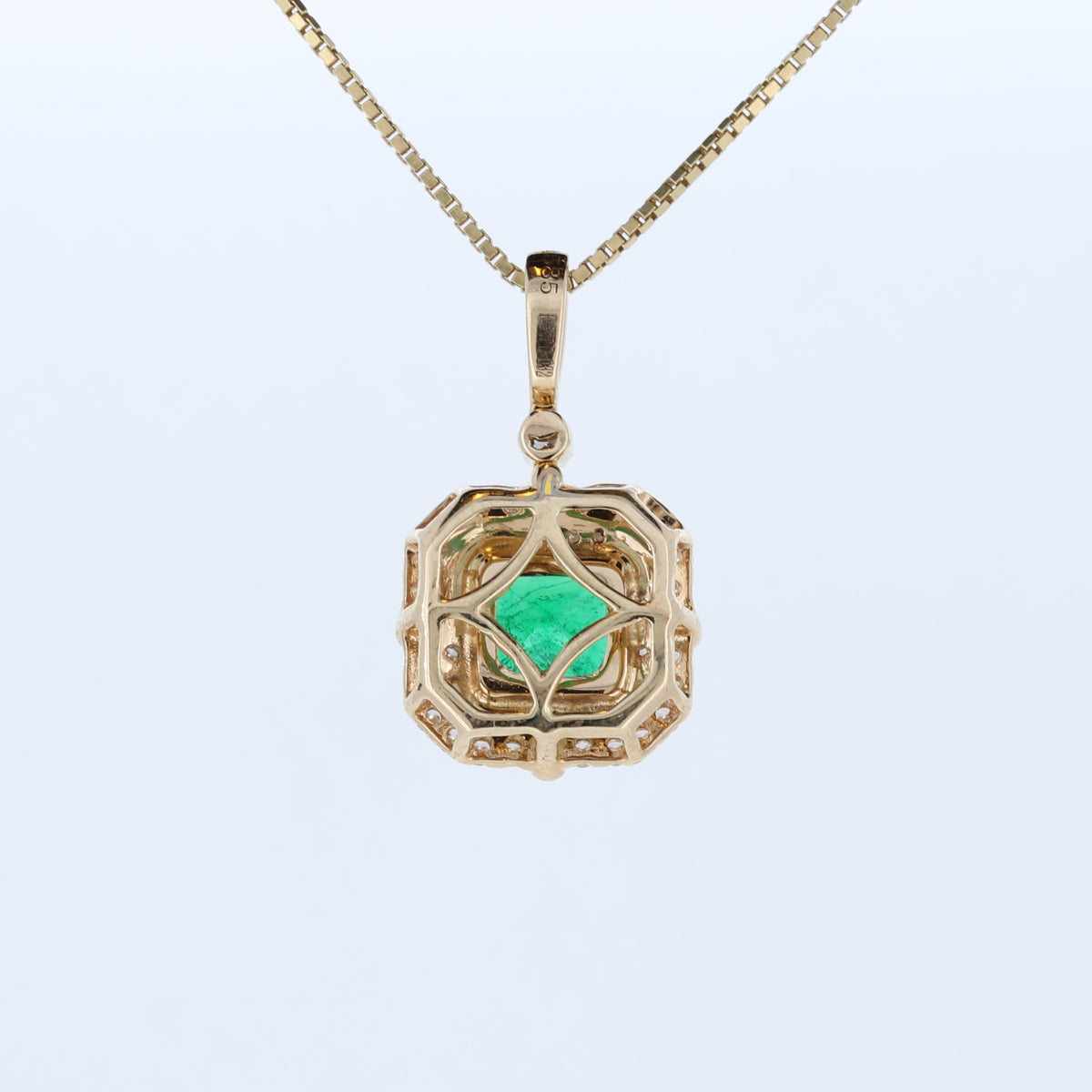 Cushion Emerald And Double Halo Diamond Pendant In 14Kt Yellow Gold