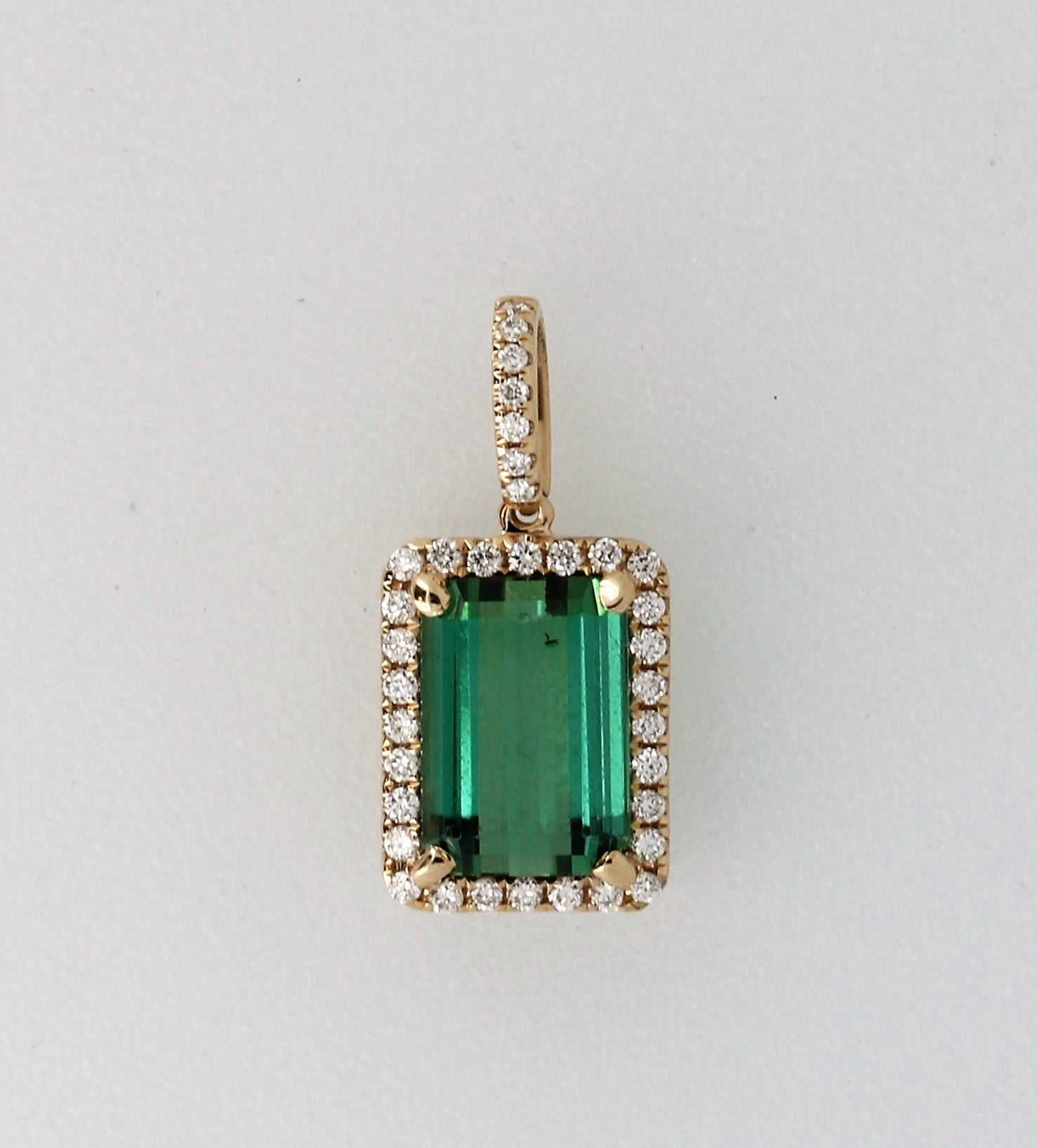 Emerald Cut Natural Green Tourmaline Pendant With Halo Setting, In 14Kt Yellow Gold