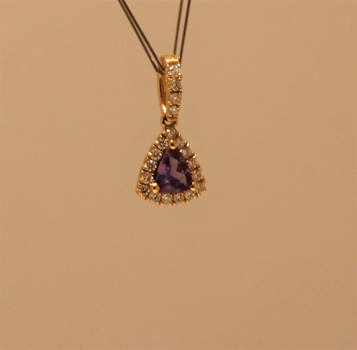 Natural Alexandrite Trillion Cut Halo Pendant In 18Kt Yellow Gold