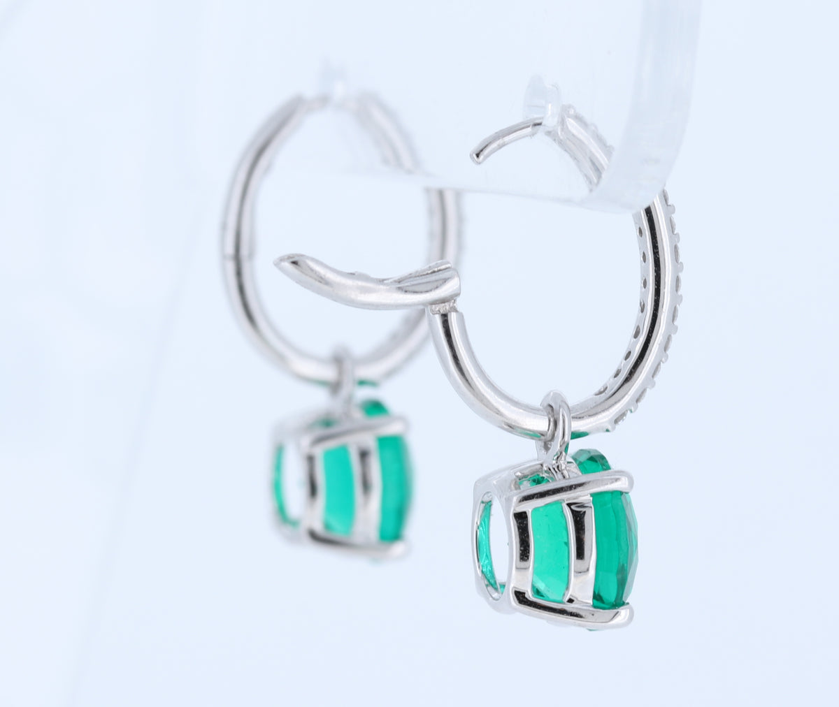 14Kt White Gold J&#39;Adore Simulated Emerald Drop Earrings With Natural Diamonds In 14Kt White Gold