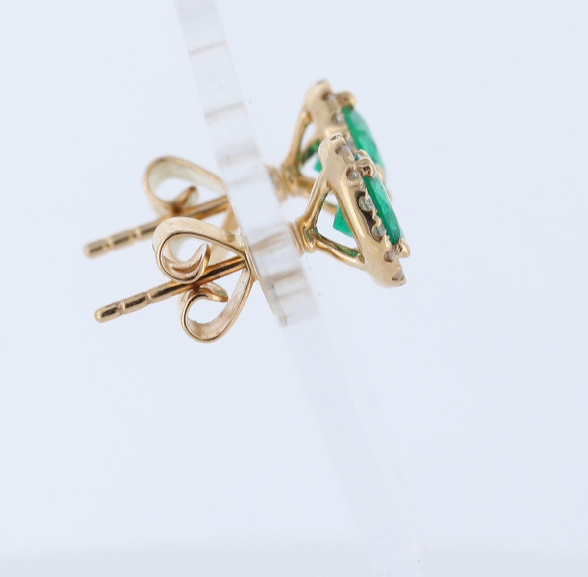Round Natural Emerald Halo Stud Earrings In 18Kt Yellow Gold