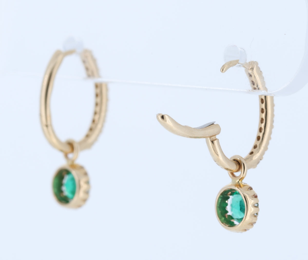 Emerald And Diamond Halo Drop Earrings With Detachable Backs In 14Kt Yellow Gold