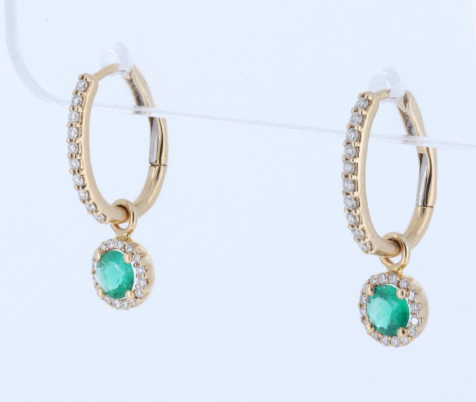 Emerald And Diamond Halo Drop Earrings With Detachable Backs In 14Kt Yellow Gold
