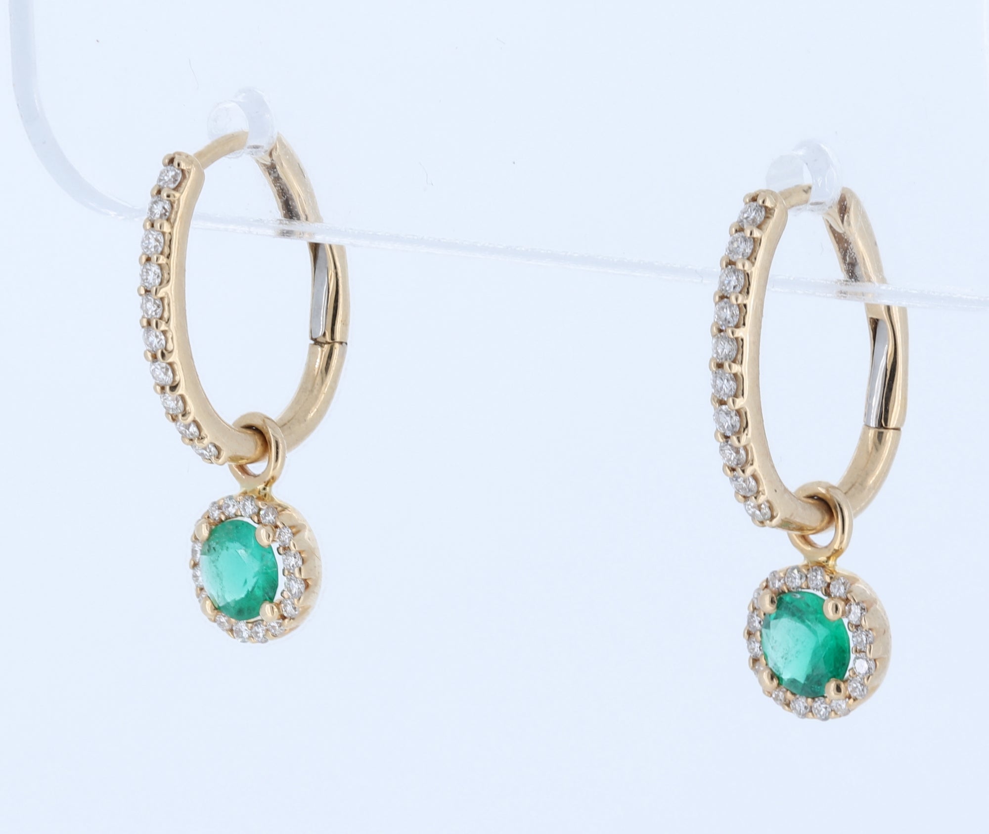 Emerald And Diamond Halo Drop Earrings With Detachable Backs In 14Kt Yellow Gold