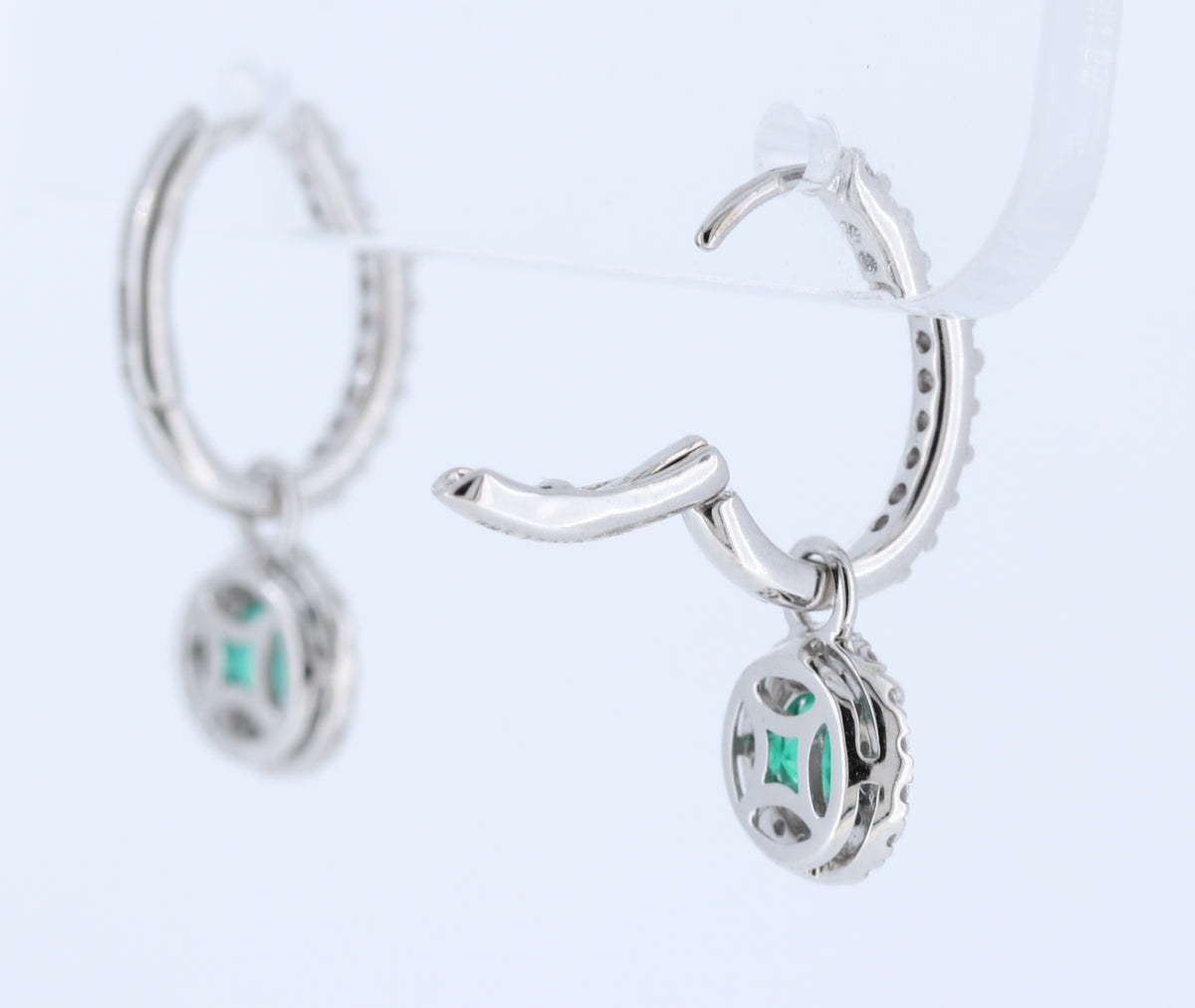 Emerald And Diamond Halo Drop Earrings With Detachable Backs In 14Kt White Gold