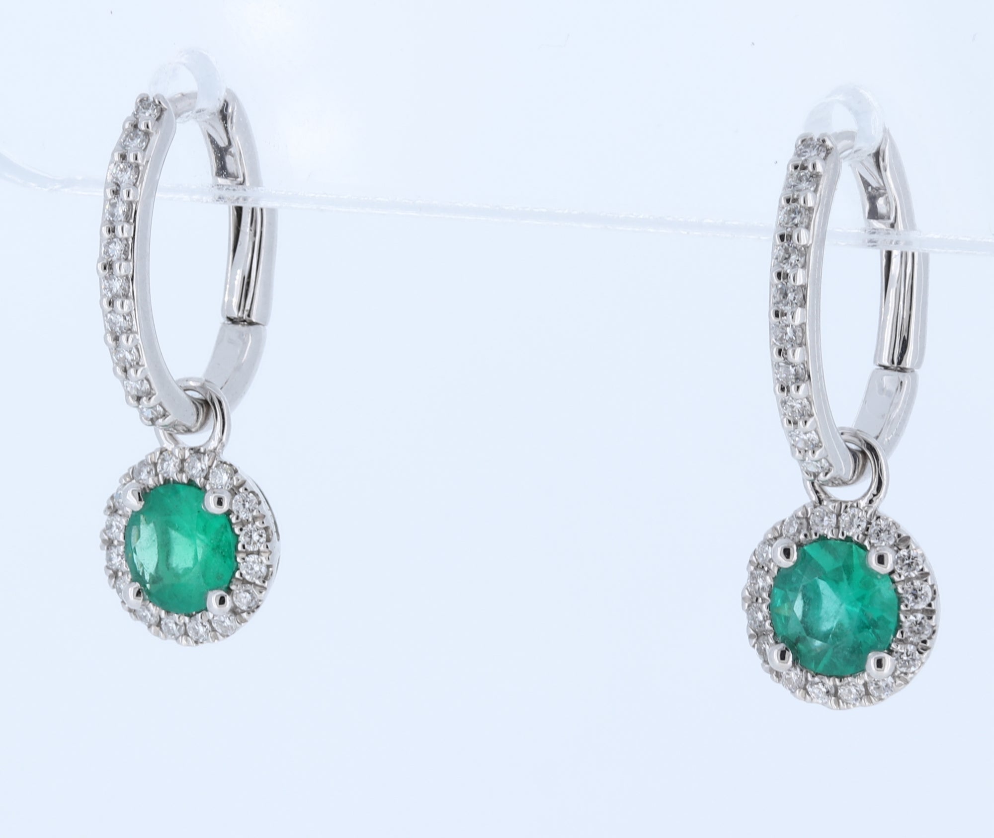 Emerald And Diamond Halo Drop Earrings With Detachable Backs In 14Kt White Gold