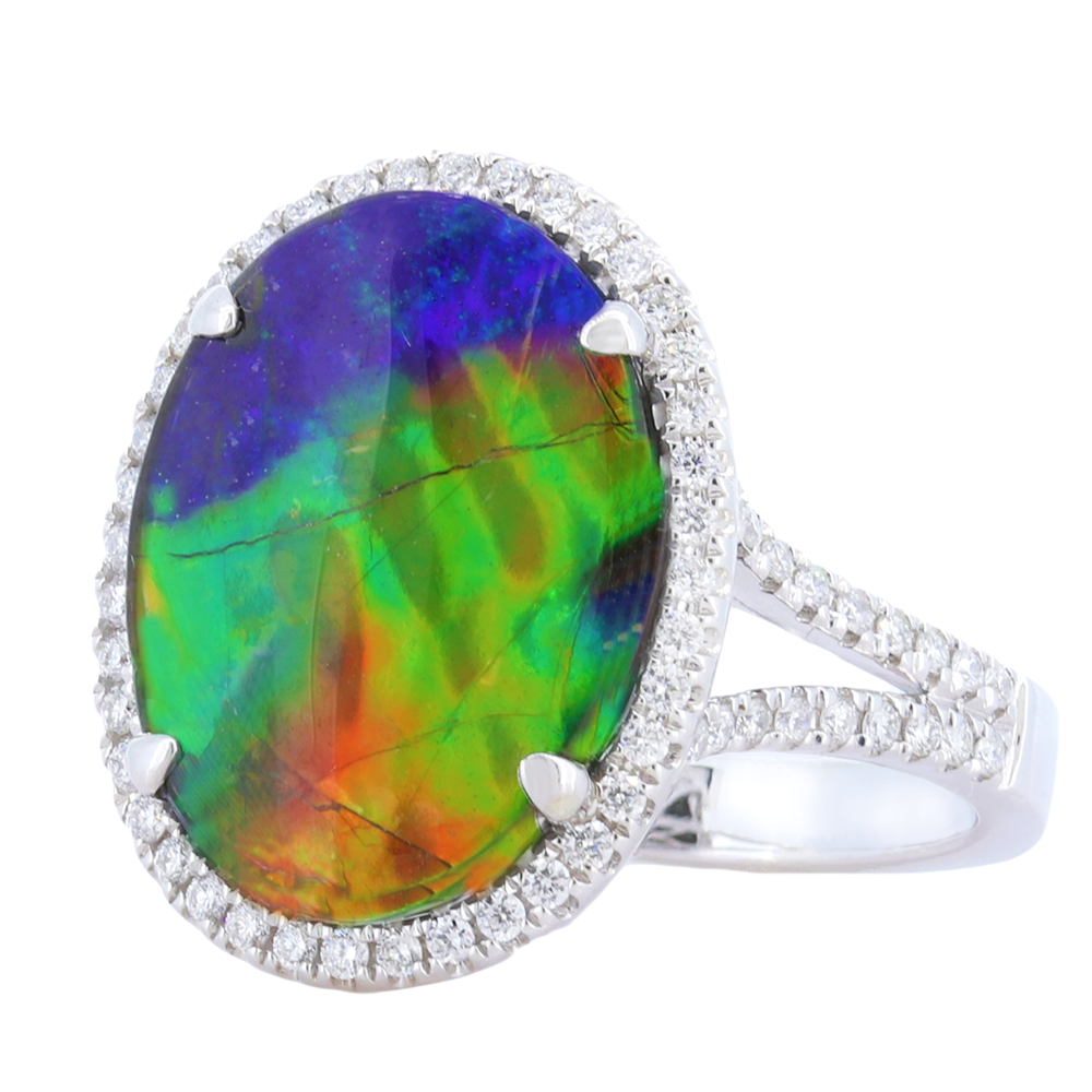 Ammolite And Diamond Halo Ring Set In 14Kt White Gold