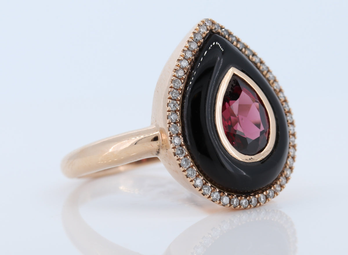 14K Rose Gold Inlay Onyx Ring With Bezel Set Garnet