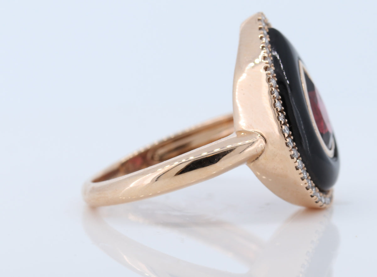 14K Rose Gold Inlay Onyx Ring With Bezel Set Garnet