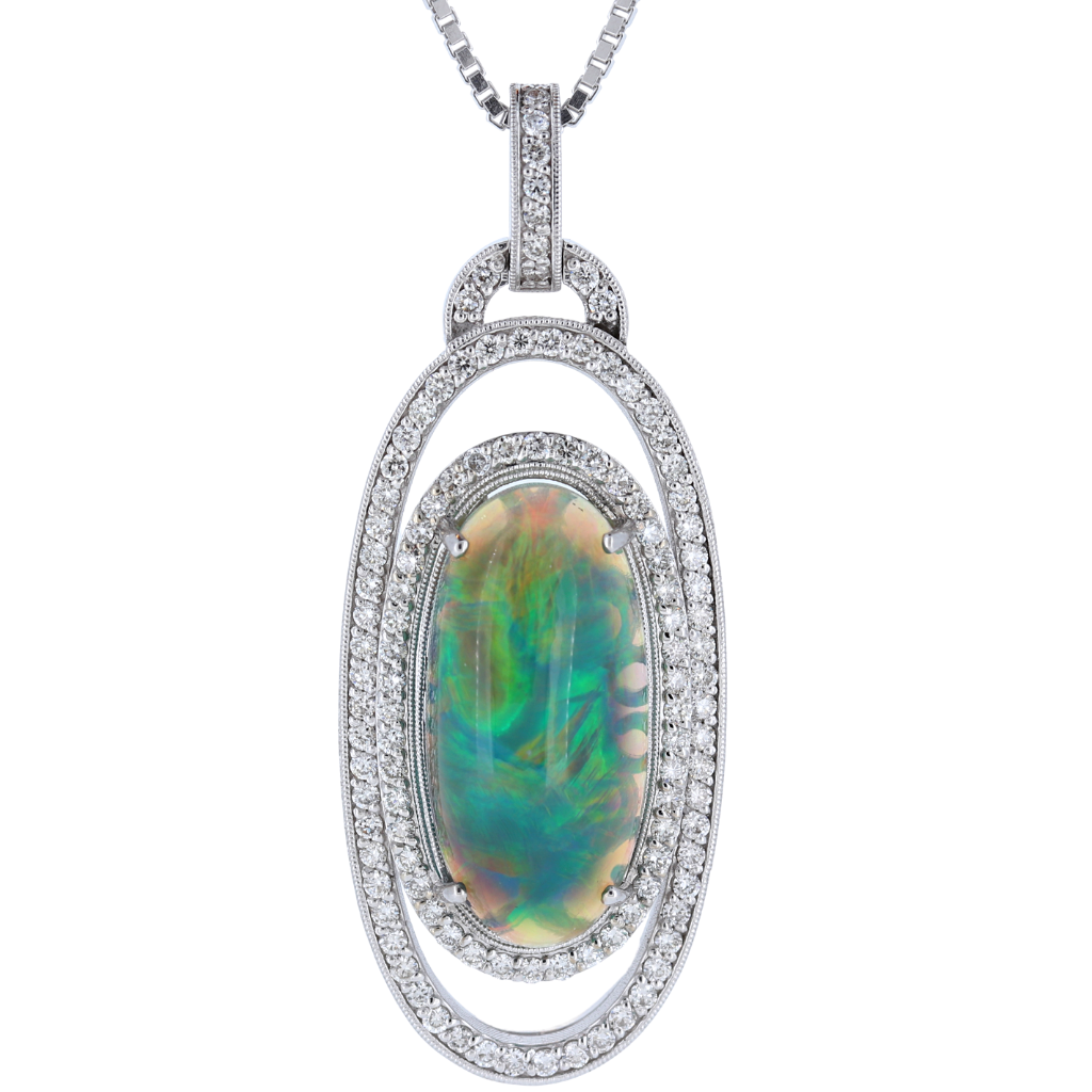 Breathtaking 8.68ct Opal Pendant Set In 14k White Gold With Diamond Halo