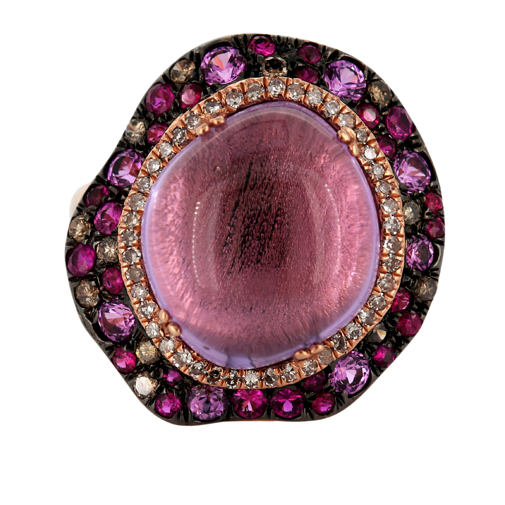 14K Rose Gold Ring with 6.17ct Cabochon Amethyst and Colored Sapphires