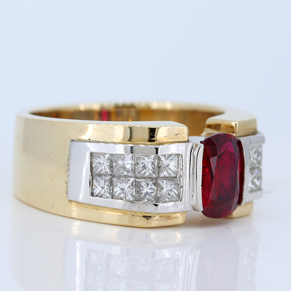 Mens 14k Two Tone Yellow and White Gold Ring with 1.59ct Ruby and 1.32ct diamonds