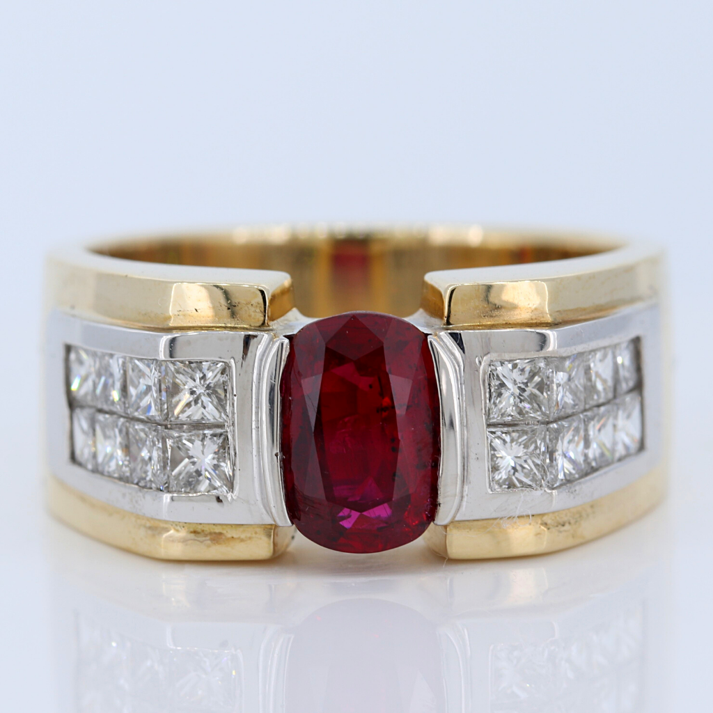 Mens 14k Two Tone Yellow and White Gold Ring with 1.59ct Ruby and 1.32ct diamonds