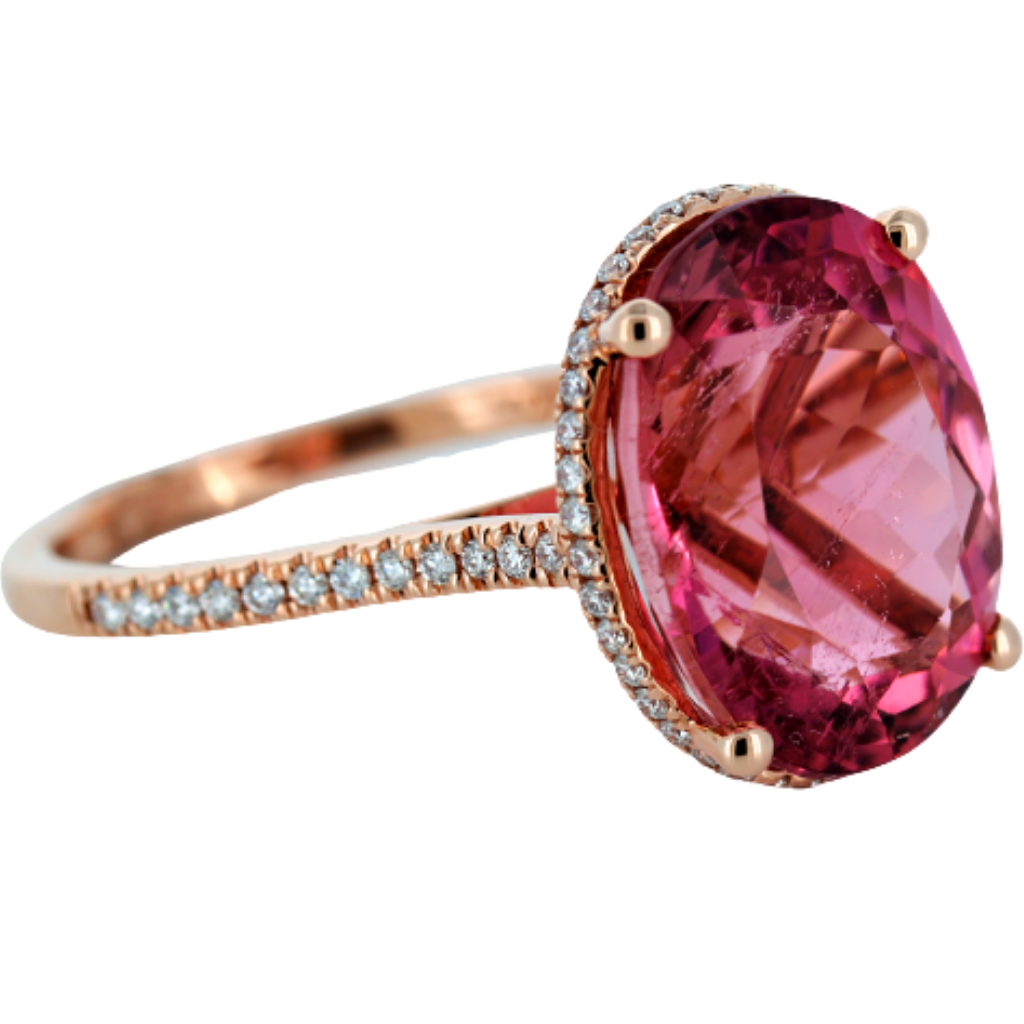 14k Rose Gold Ring with 7.63ct Pink Tourmaline and .27ct diamonds