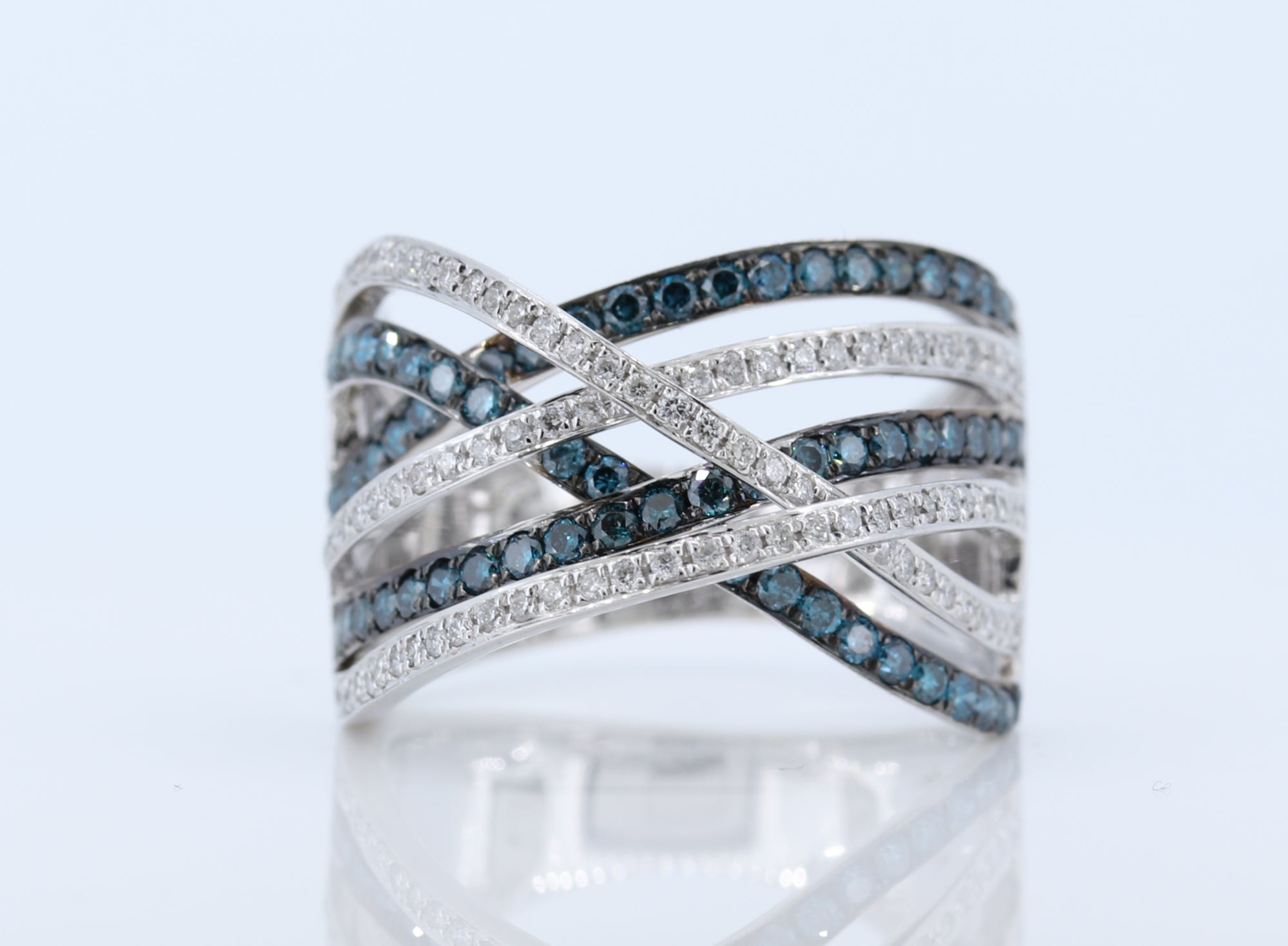 Stunning Blue and White Diamond Ring in 14K White Gold