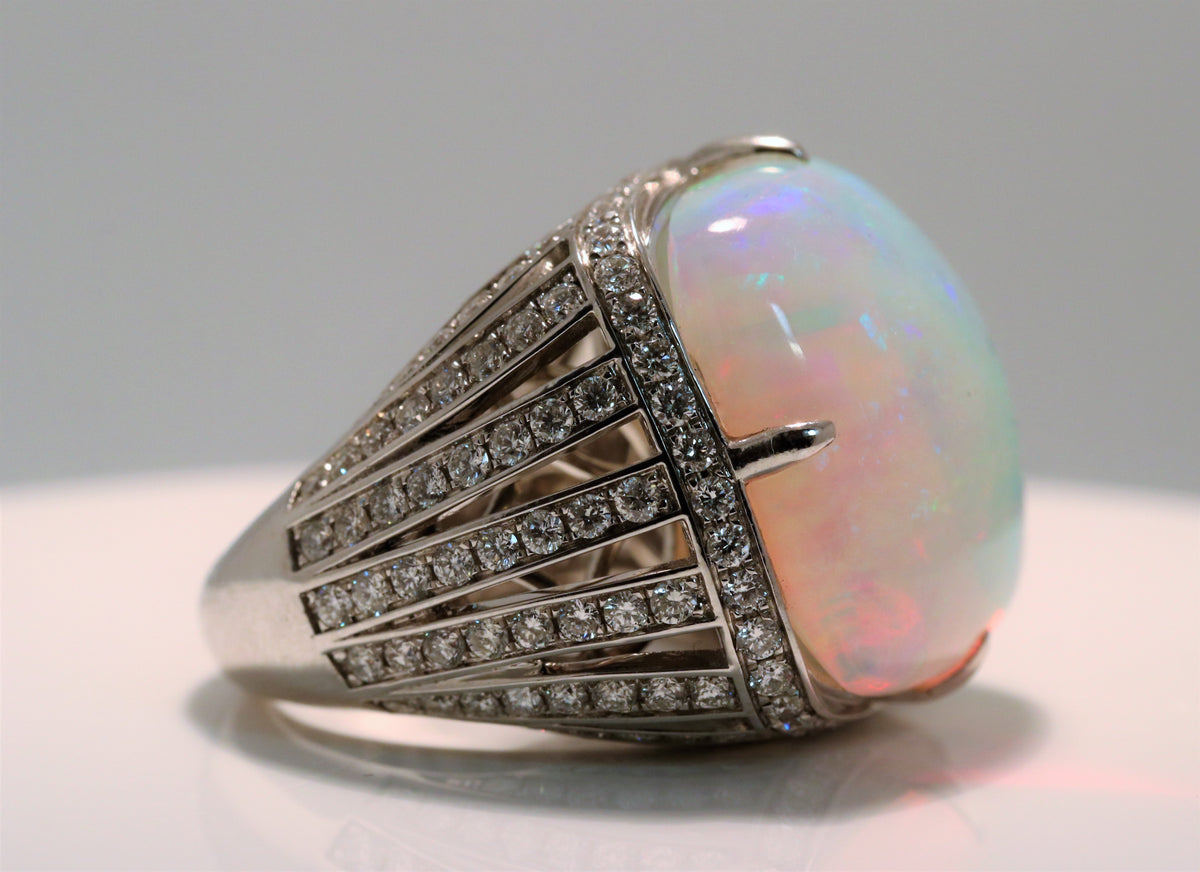 Cushion Cabochon Opal Ring With Diamond Halo