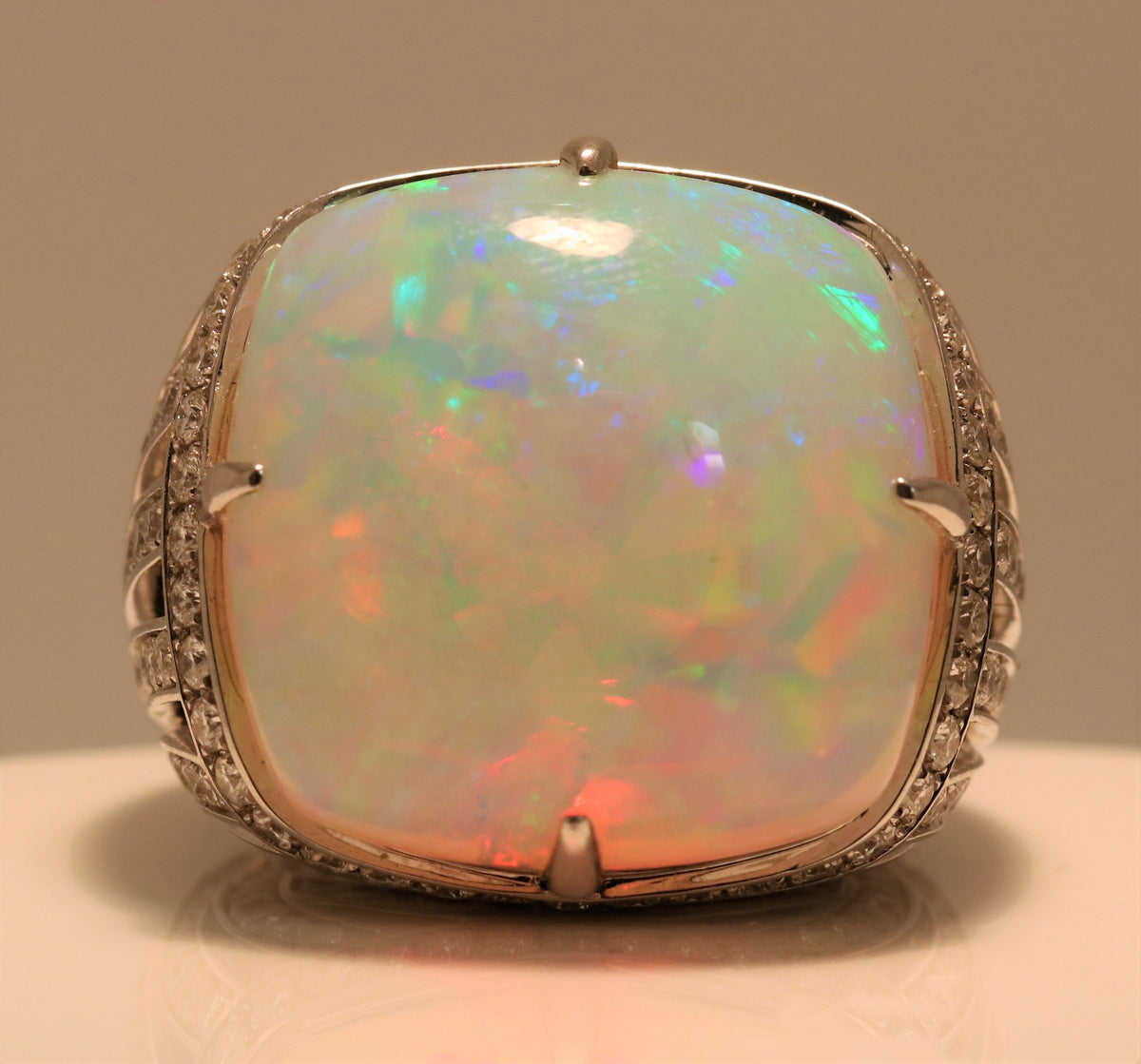 Cushion Cabochon Opal Ring With Diamond Halo