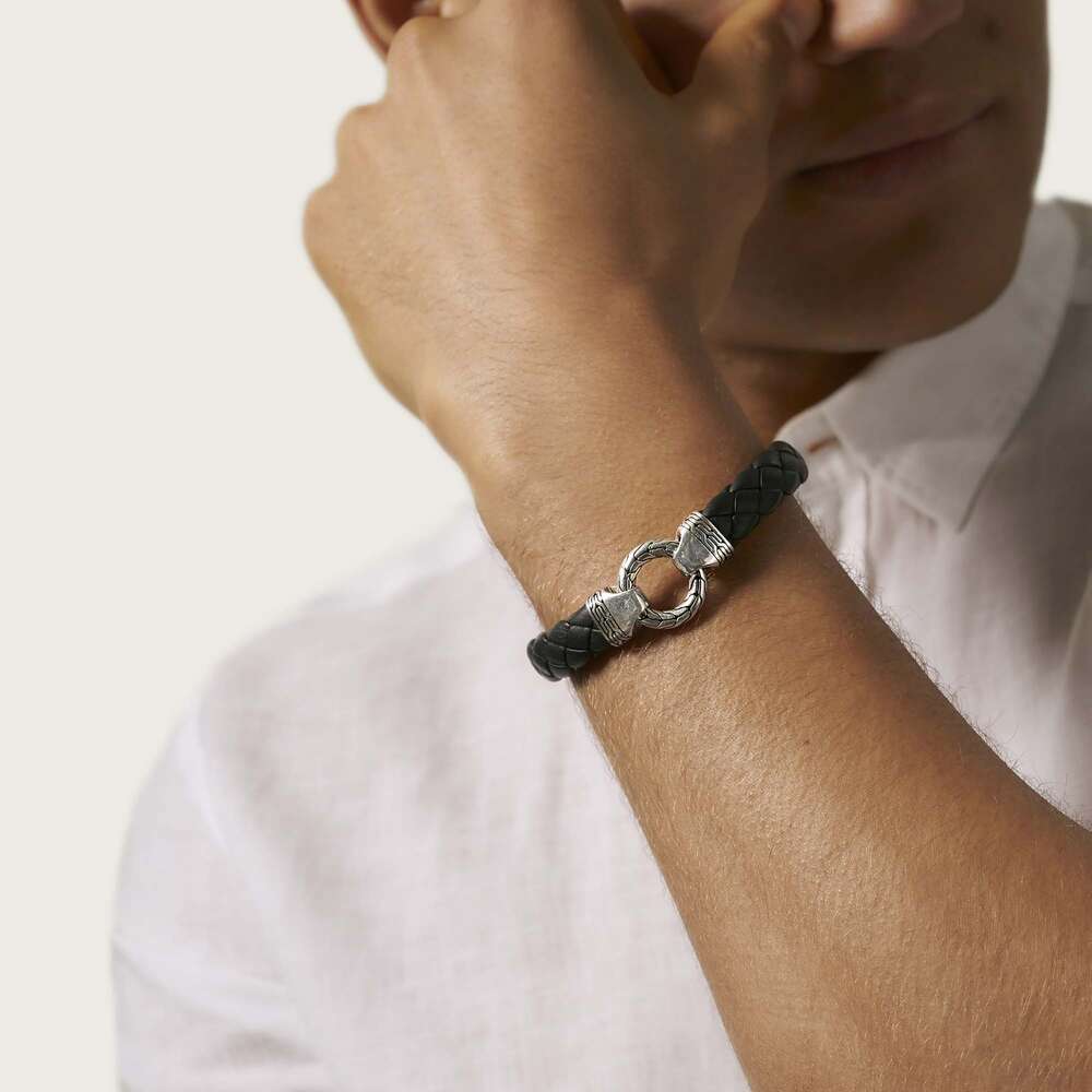 Classic Chain 12MM Ring Clasp Bracelet in Silver and Leather