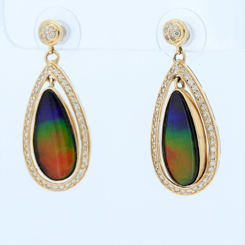 14kt Yellow Gold Ammolite And Diamond Tear Drop Dangle Earrings Dia0.85Ct