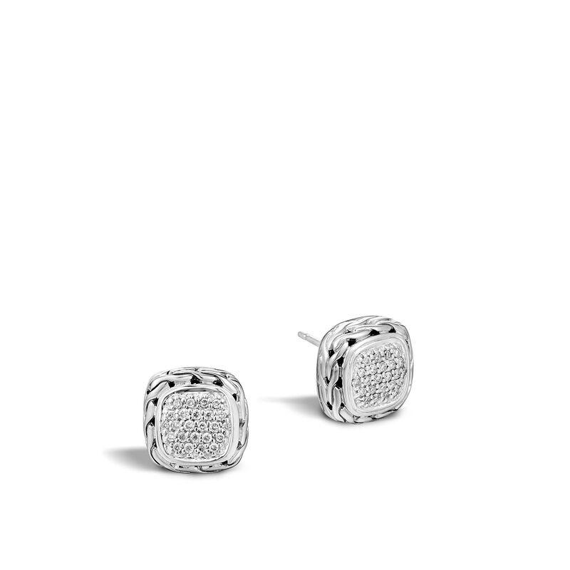 Classic Chain 12MM Stud Earring in Silver with Diamonds