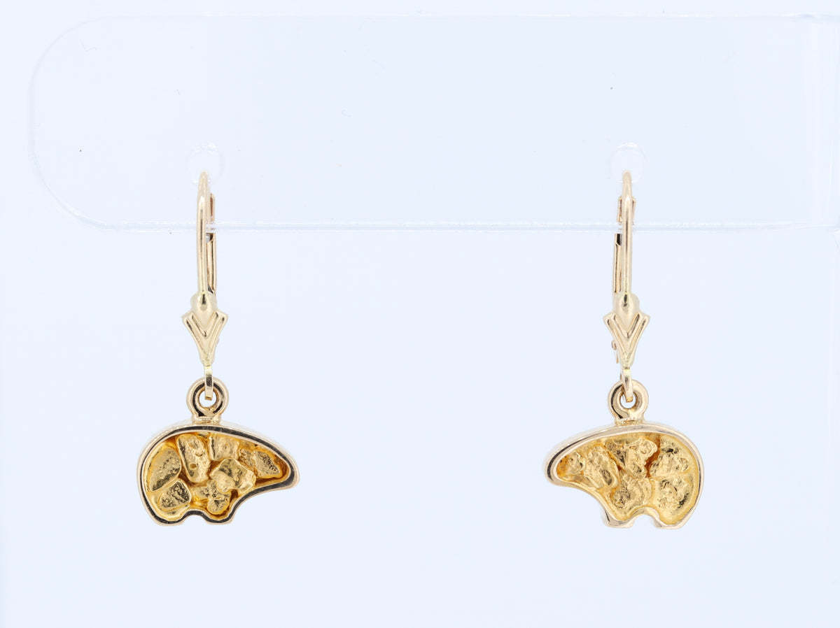 14K Yellow Gold Nugget Bear Lever Back Earrings