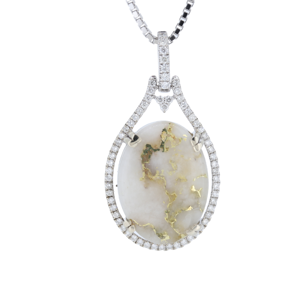 White Natural Gold Quartz Oval Shape Pendant With Diamonds, 0.45Ct.