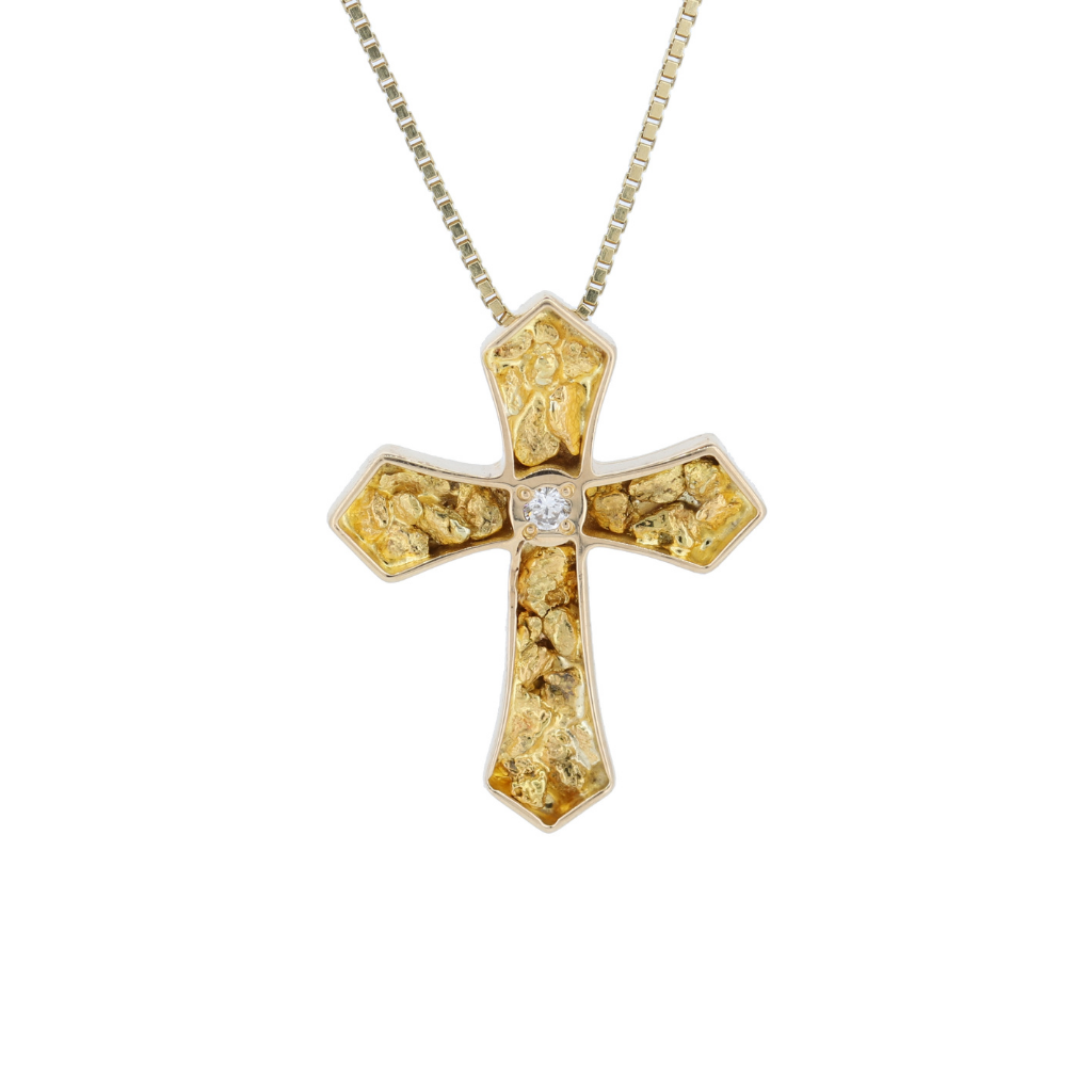 14K Yellow Gold Nuggets Cross Pendant With 0.03Ct Diamonds