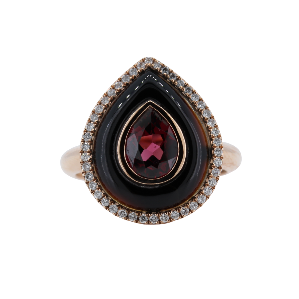14K Rose Gold Inlay Onyx Ring With Bezel Set Garnet