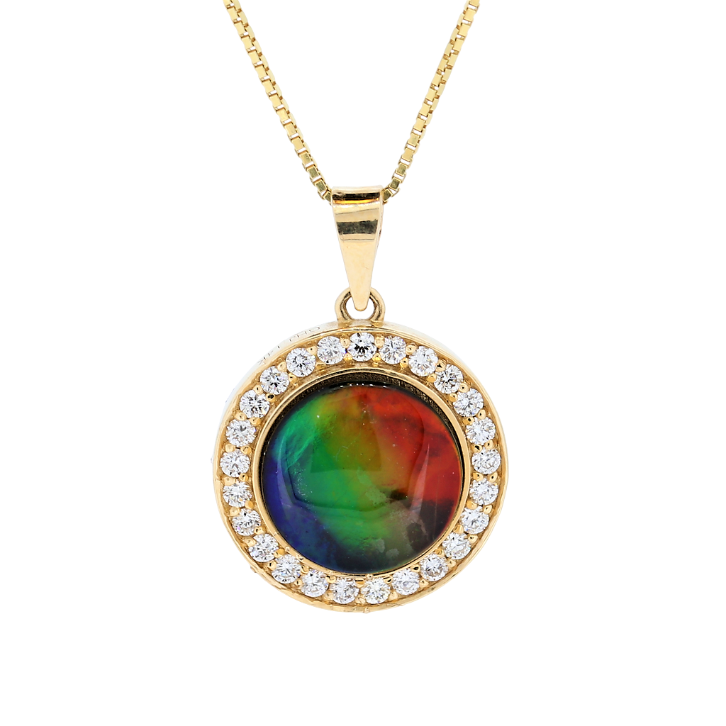 14kt Yellow Gold Round Bezel Ammolite With Diamond Halo D0.50Ct