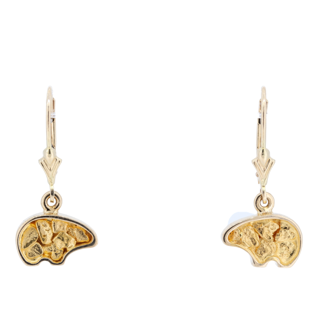 14K Yellow Gold Nugget Bear Lever Back Earrings