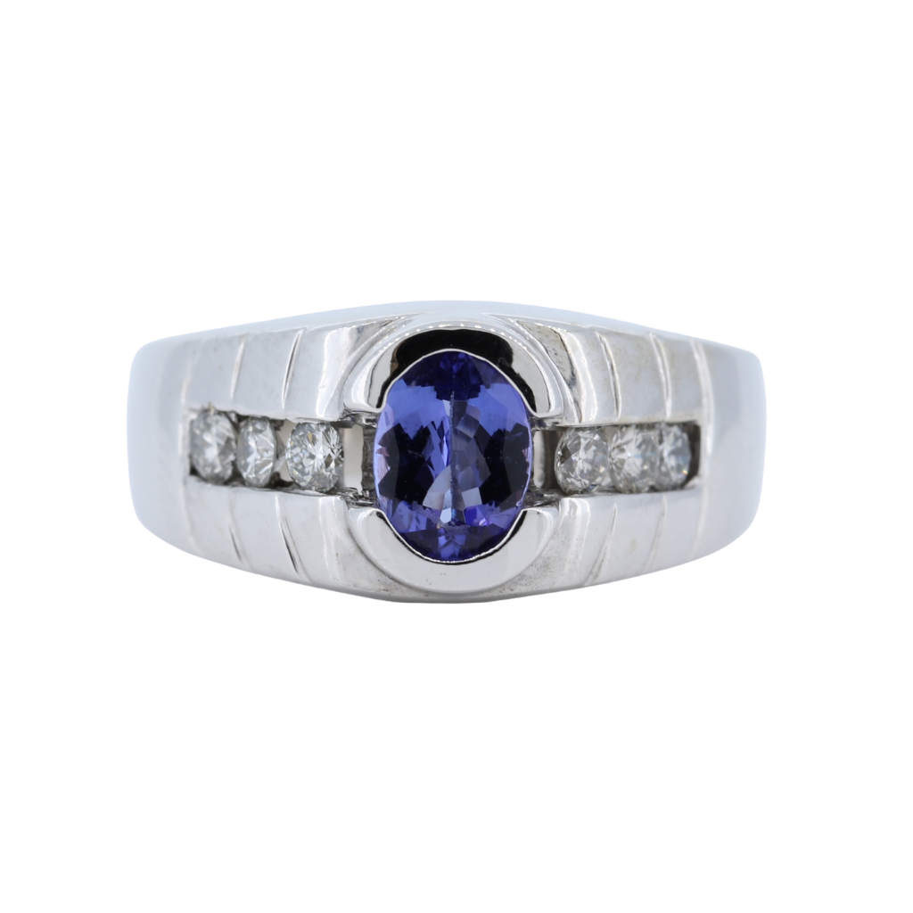 Men&#39;s Oval Tanzanite and Diamond Accent Ring in 14K Gold