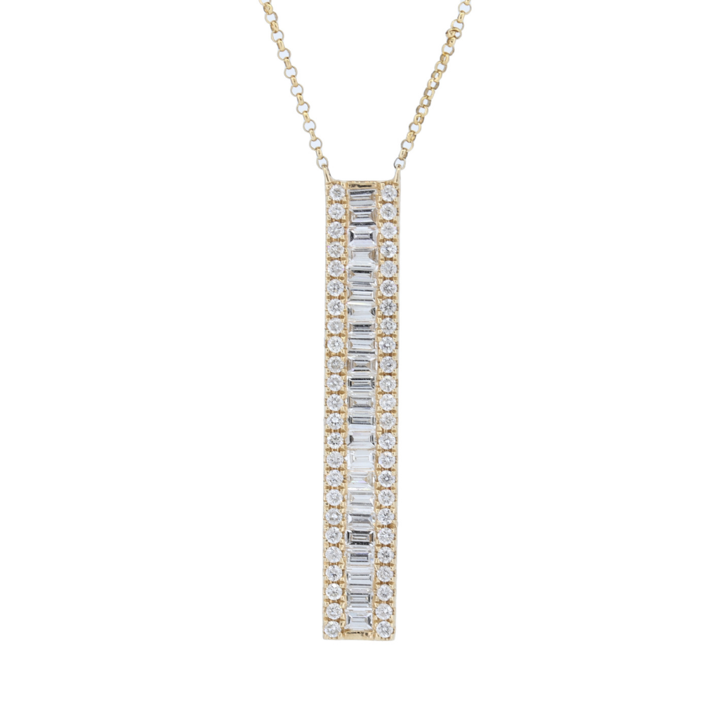 14Kt Yellow Gold 0.36Ct Round And 0.61 Ct Baguette Diamond Bar Necklace