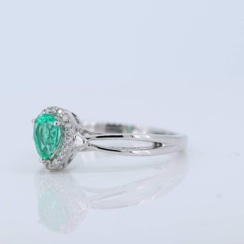 Pear Shaped Emerald and Diamonds Halo Ring in 14kt White Gold