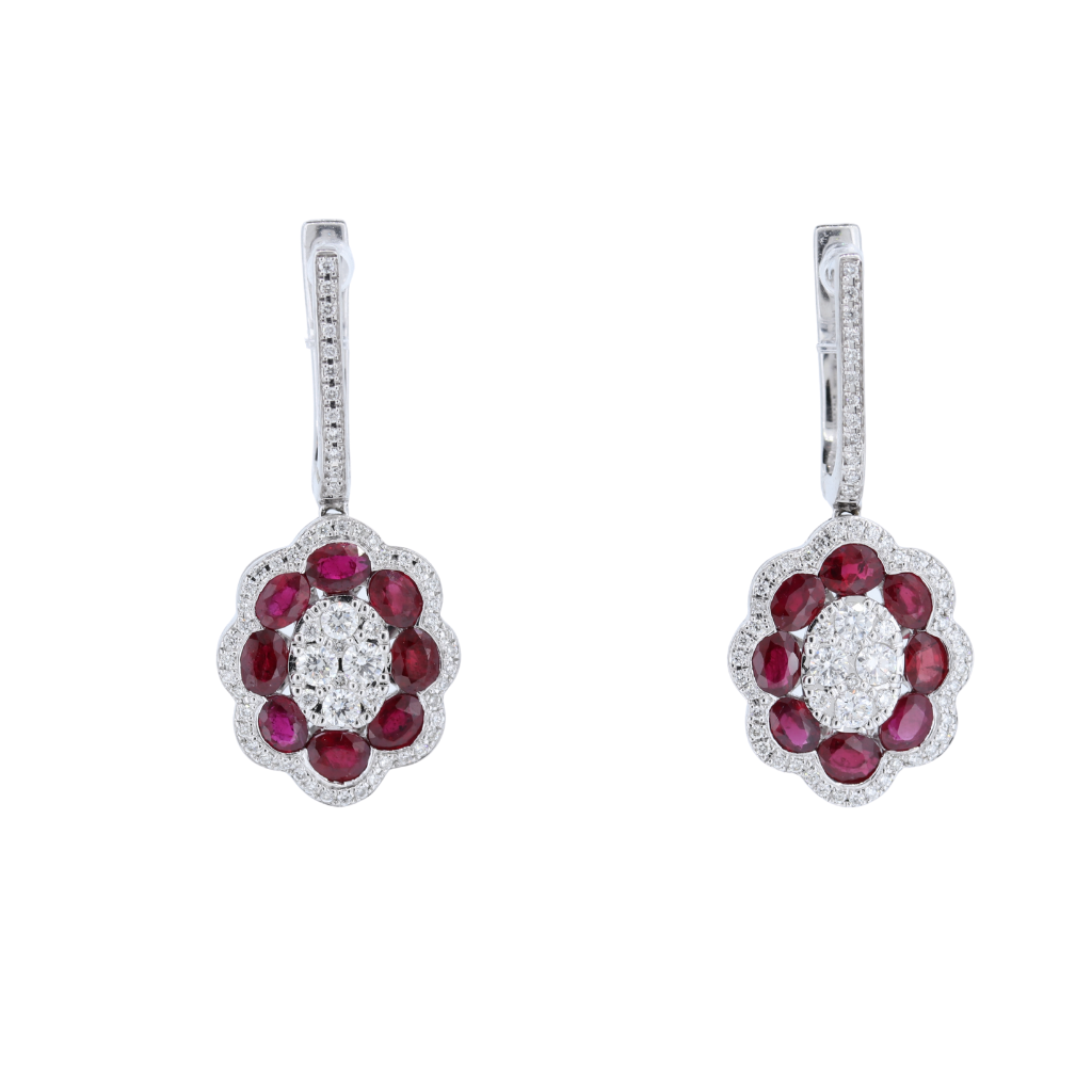 14kt Ruby and Diamond Earrings in White Gold - Ruby Count - 16 pcs (4.19ctw)