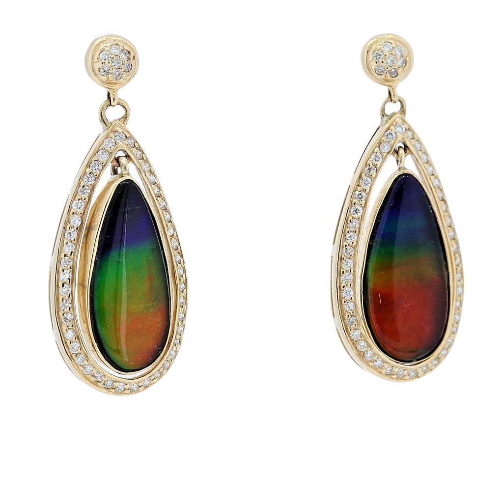 14kt Yellow Gold Ammolite And Diamond Tear Drop Dangle Earrings Dia0.85Ct