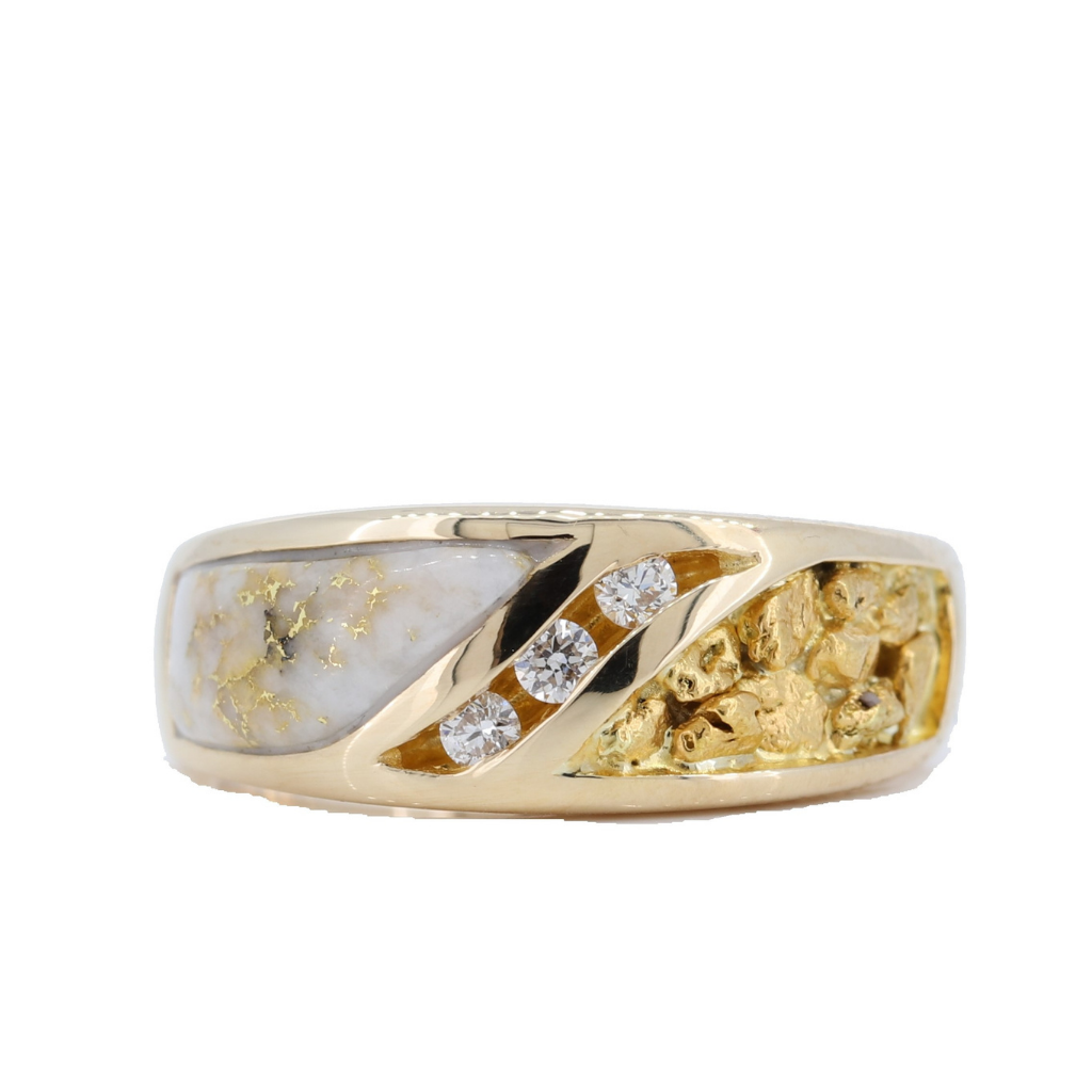 14K Yellow Gold Quartz & Gold Nuggets Inlay Ring With 0.09Ct Diamonds