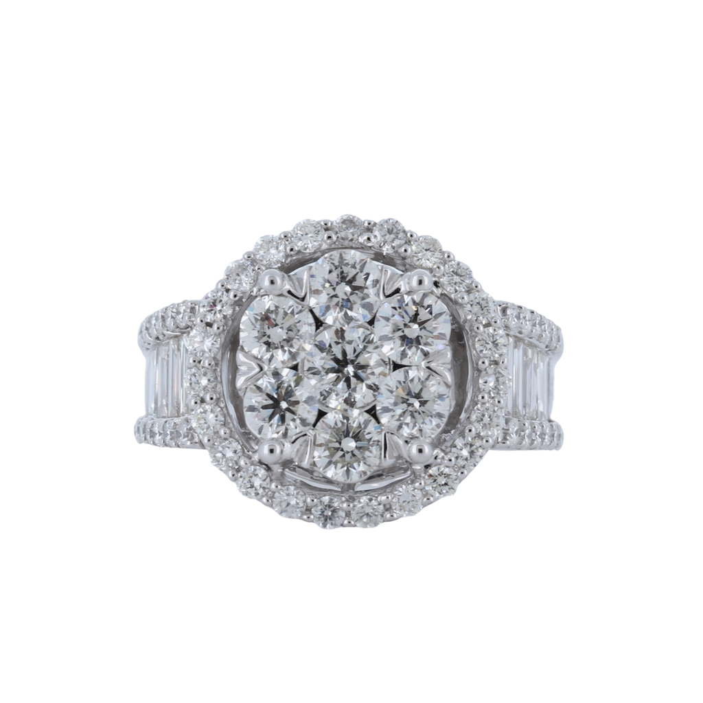 Diamond Cluster Ring With Surrounding Halo Of Round Diamonds And Step Baguette Diamonds On Side set in 14Kt White Gold