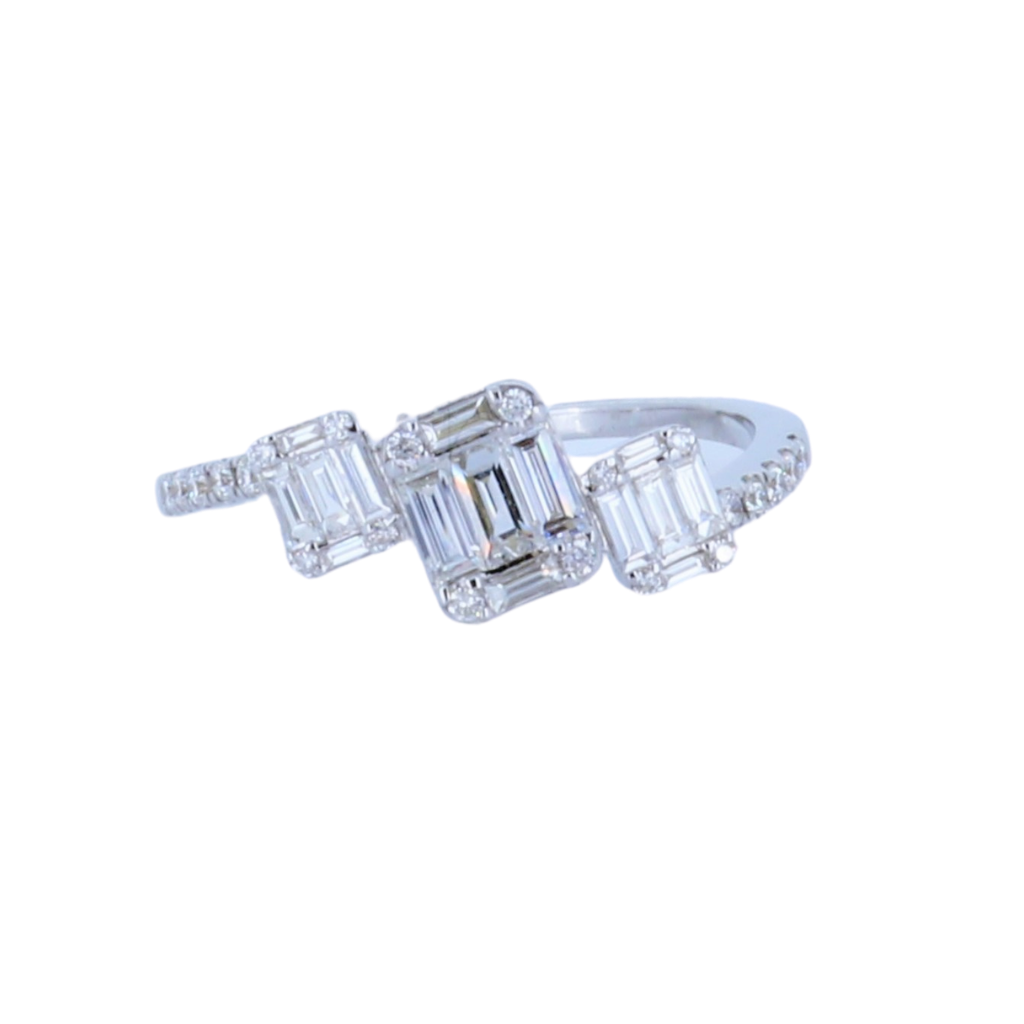 3 Stone Cluster Diamond Ring In 18Kt White Gold With Rounds and Baguettes Diamonds