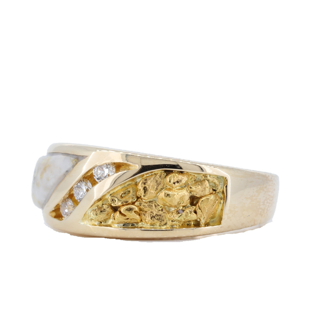 14K Yellow Gold Quartz & Gold Nuggets Inlay Ring With 0.09Ct Diamonds
